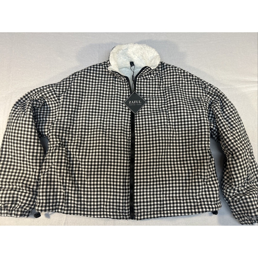 Zaful Plaid Bomber Jacket, Black, And White. Teddy Liner. Large
